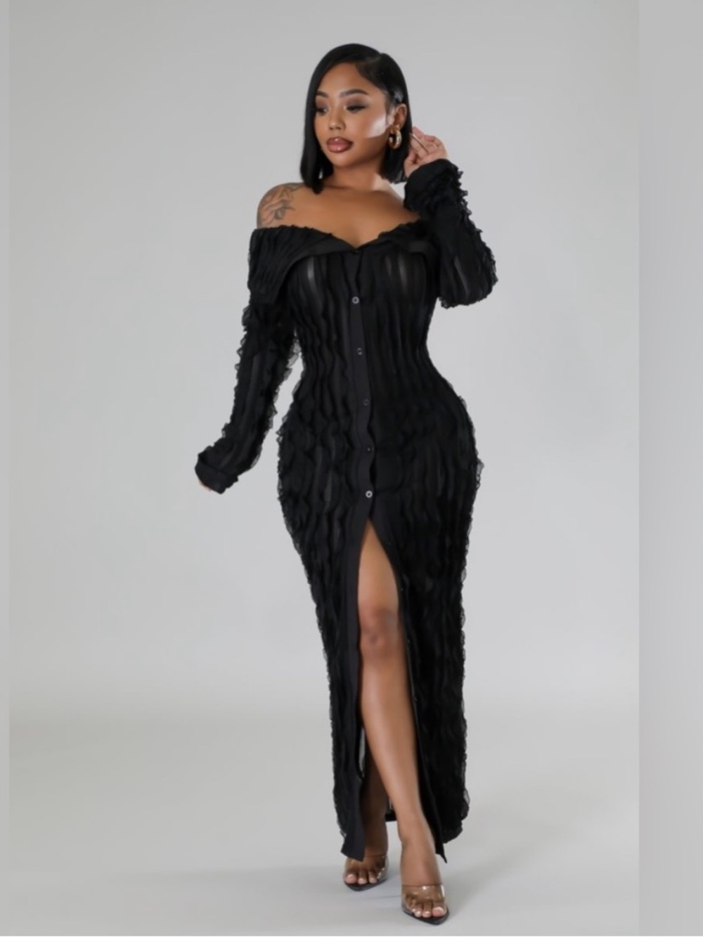 Sheer Button Down Dress with Ruffles